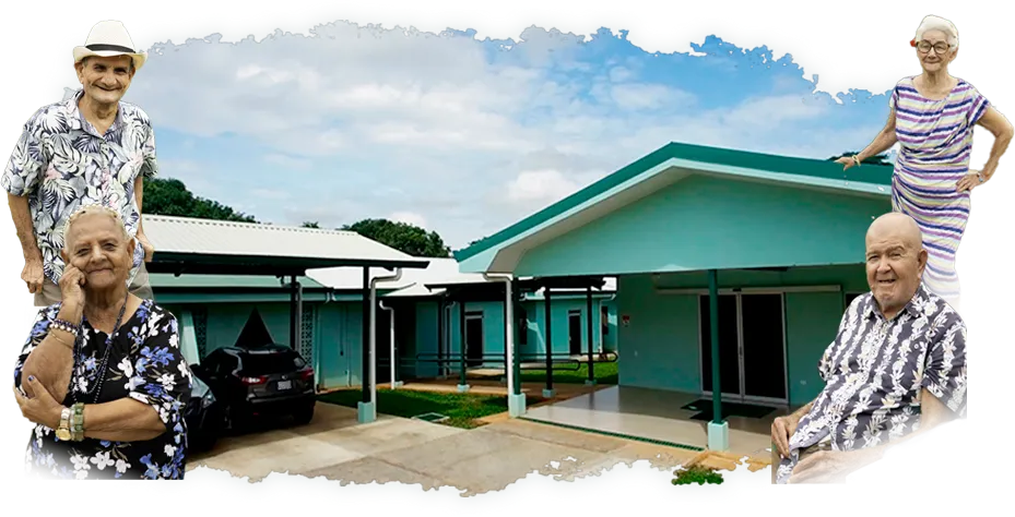 Collage de 4 fotos de personas adultas mayores, con fondo de la entrada de la institución Hogar para PAM