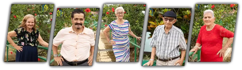 Collage de personas adultas mayores, posando elegantemente en el jard&iacute;n de Hogar PAM de Orotina